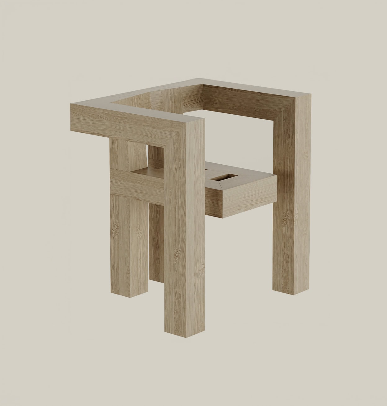 Silla escultórica Block de listones de roble claro entrelazados, diseño geo.métrico