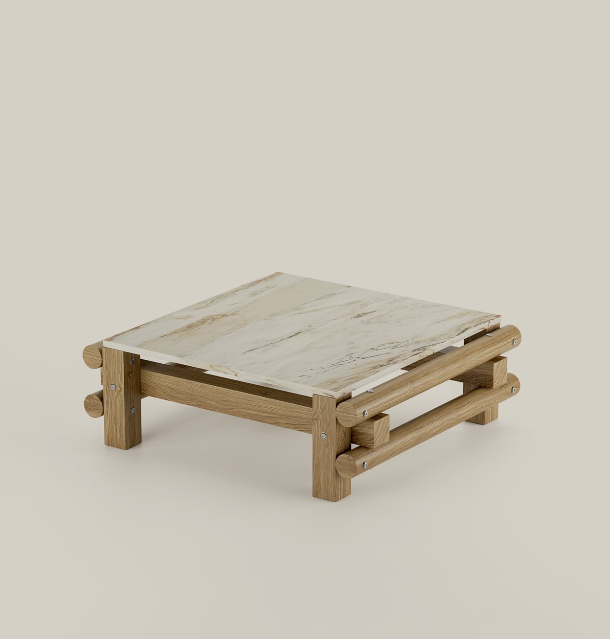 Mesa de centro Fum de roble con tablero de mármol Calacatta blanco.