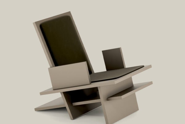 Sillón lounge Libu de líneas geométricas lacado en topo con cojines verde oliva.