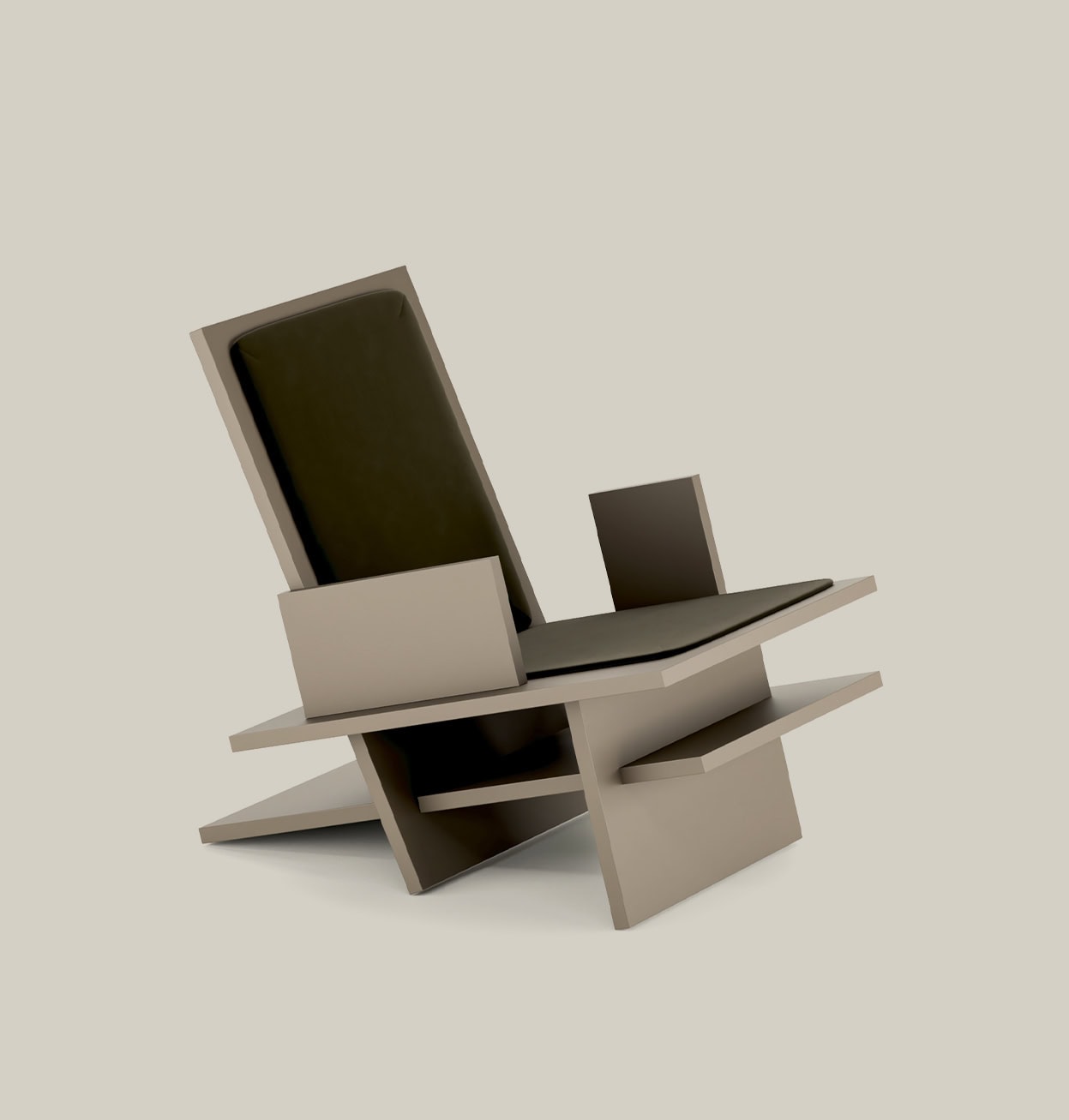 Sillón lounge Libu de líneas geométricas lacado en topo con cojines verde oliva.
