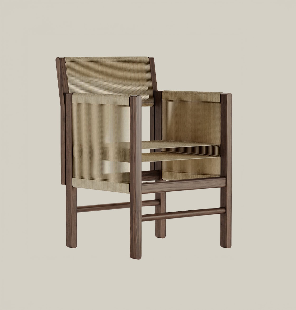 Butaca Telar de nogal con asiento y respaldo de cuerda tejida clara y reposabrazos.